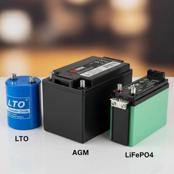 Comparison of LTO, AGM, and LiFePO4 car audio batteries showcasing their distinct designs