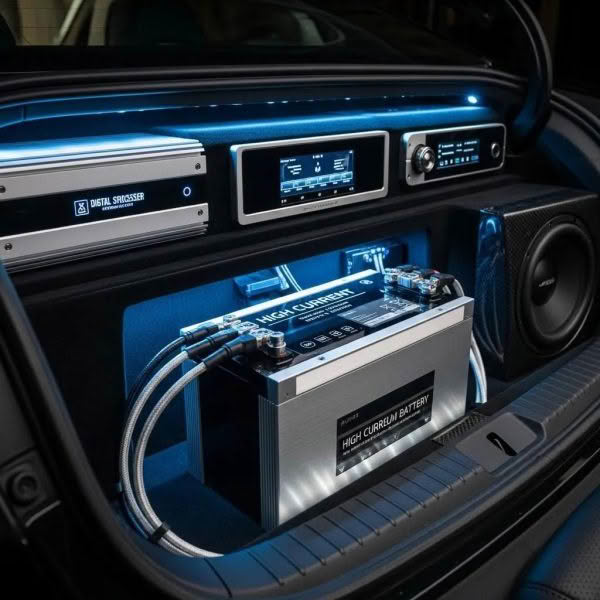 High-current lithium car audio battery in a modern vehicle interior