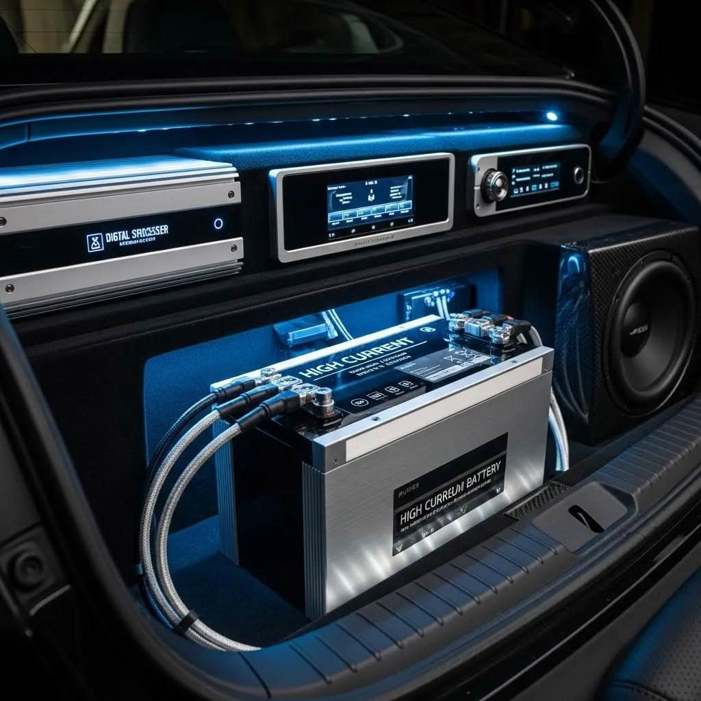 High-current lithium car audio battery in a modern vehicle interior