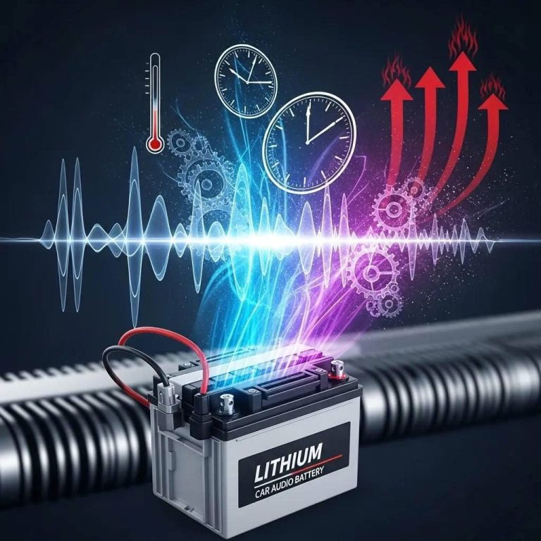 Illustration of lithium battery advantages in car audio systems, highlighting sound quality, durability, and thermal stability