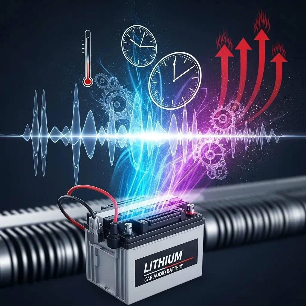 Illustration of lithium battery advantages in car audio systems, highlighting sound quality, durability, and thermal stability