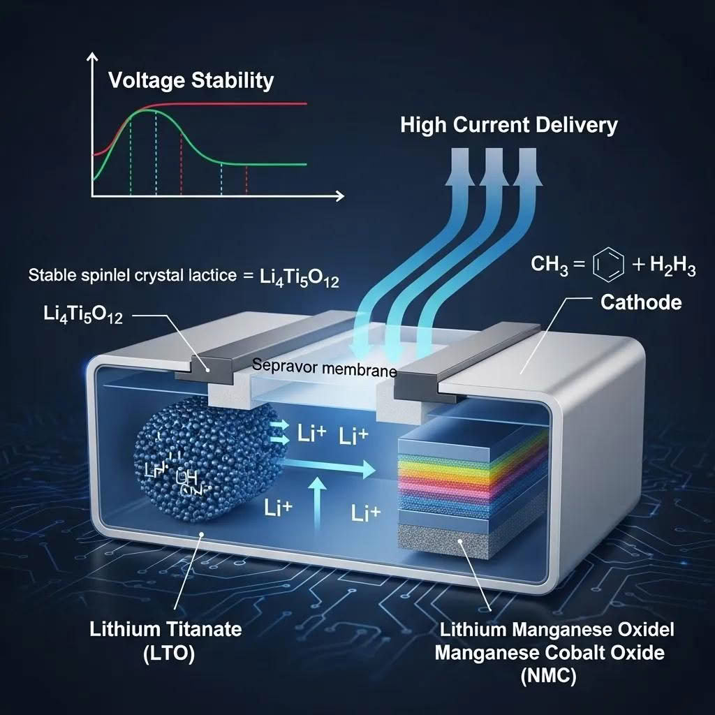 Internal structure of an LTO battery illustrating its chemistry and voltage stability