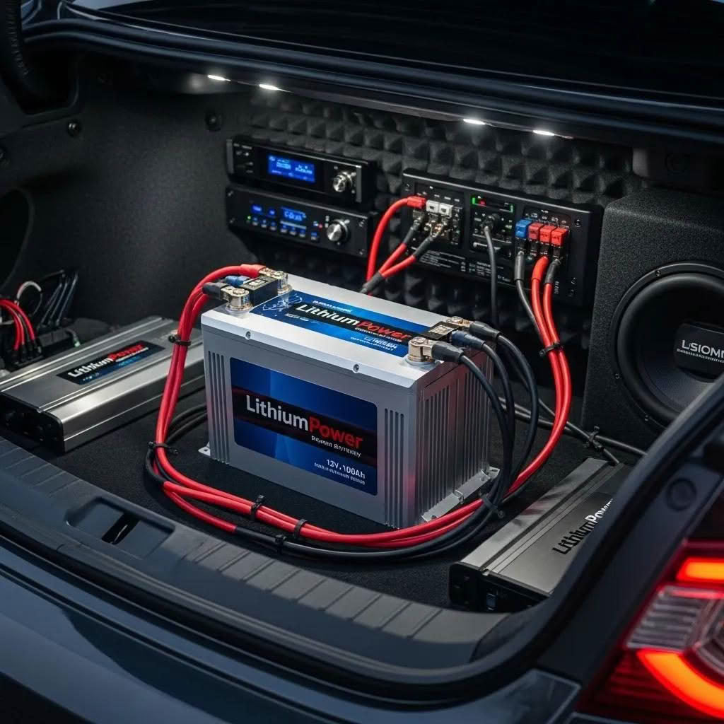 Lithium car audio battery in a high-performance audio system, showcasing modern design and technology