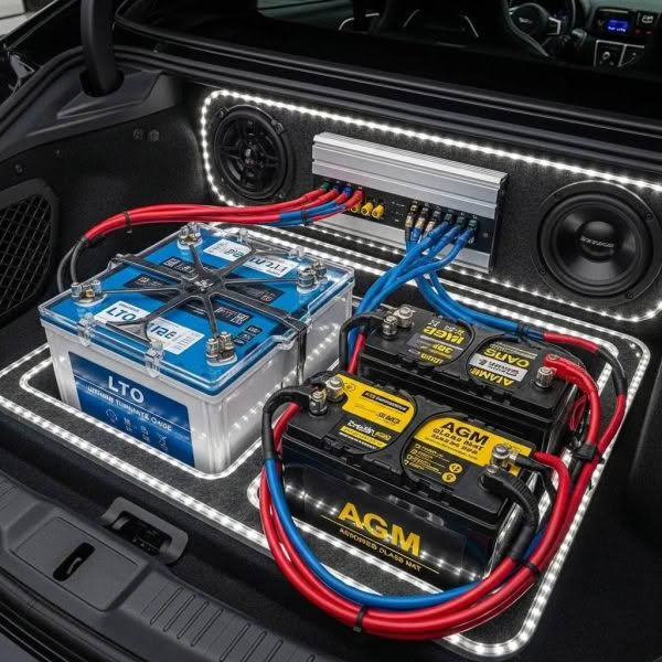 LTO and AGM batteries displayed in a car audio environment, highlighting performance and technology