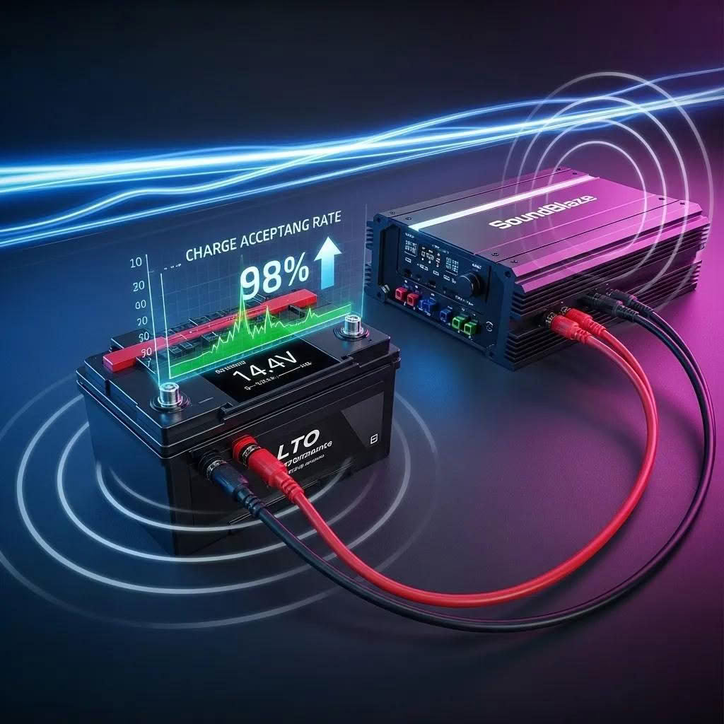 LTO battery connected to an audio amplifier, showcasing performance metrics in a car audio system