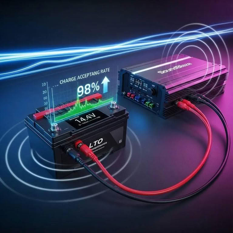 LTO battery connected to an audio amplifier, showcasing performance metrics in a car audio system