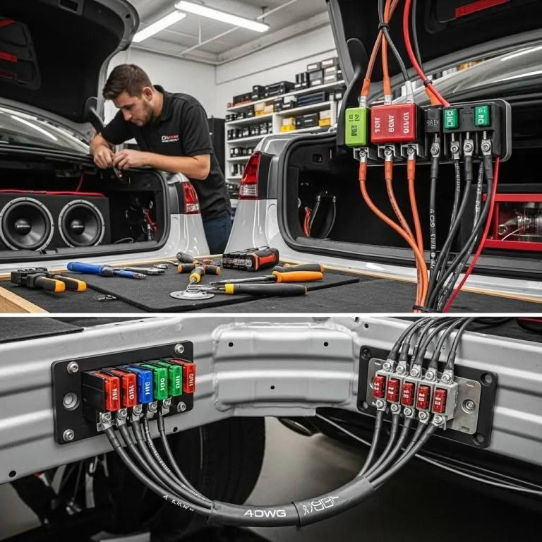 Professional car audio installation highlighting wiring, fusing, and grounding techniques