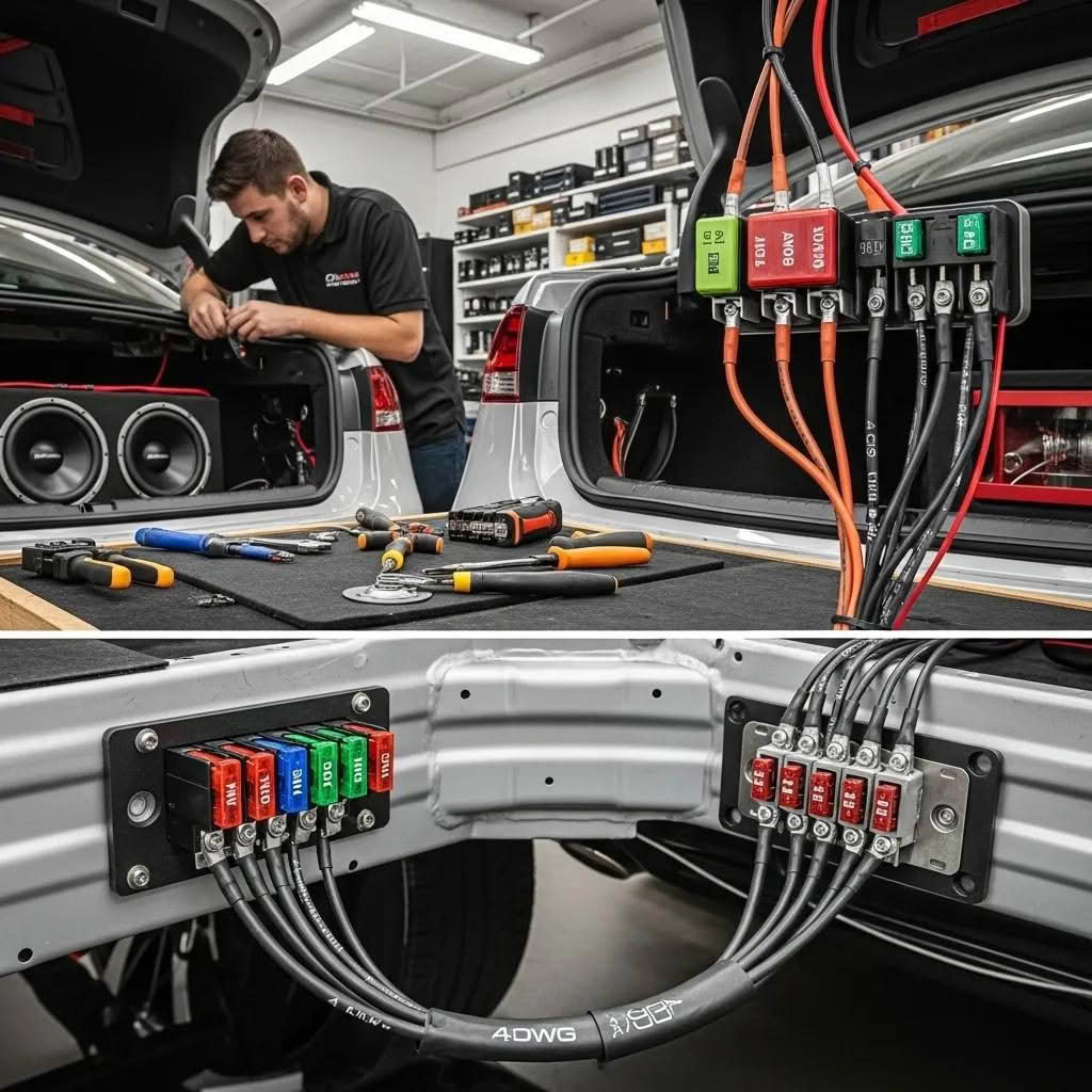 Professional car audio installation highlighting wiring, fusing, and grounding techniques