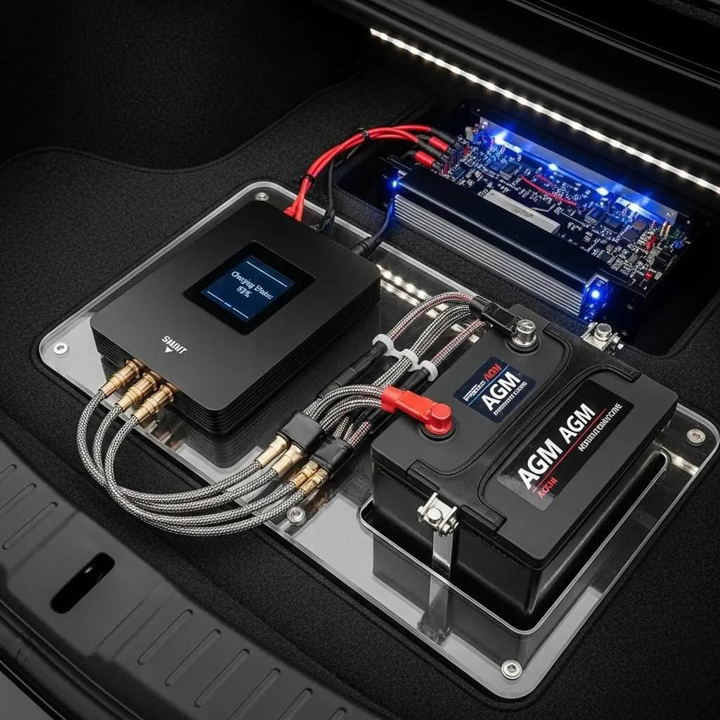 Smart charging system integrated into a bespoke car audio installation, highlighting quality and organization