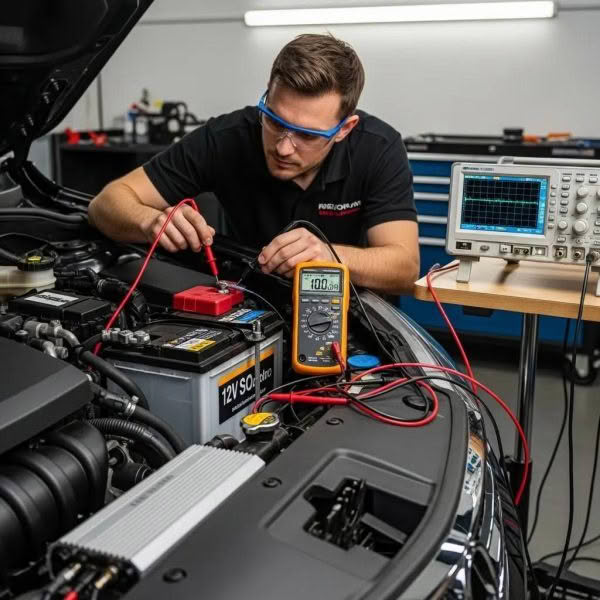 Technician conducting voltage drop testing on a car audio system with multimeter and oscilloscope