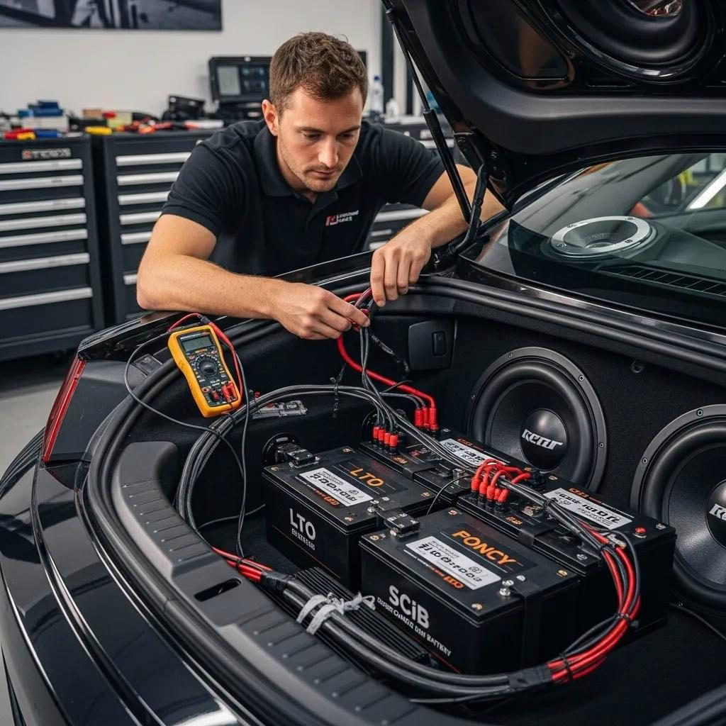 Technician installing LTO and SCiB batteries in a high-performance car audio system