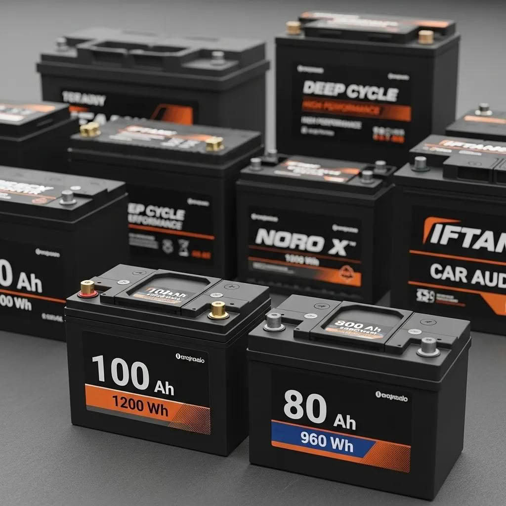 Various car audio batteries showcasing different capacities and designs