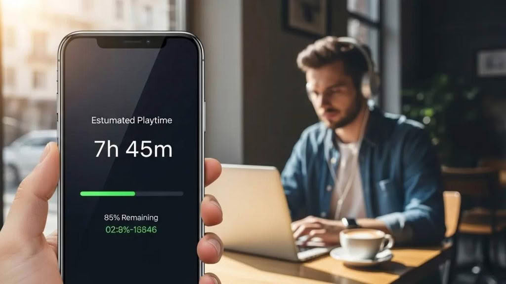 Smartphone showing battery life in cafe setting
