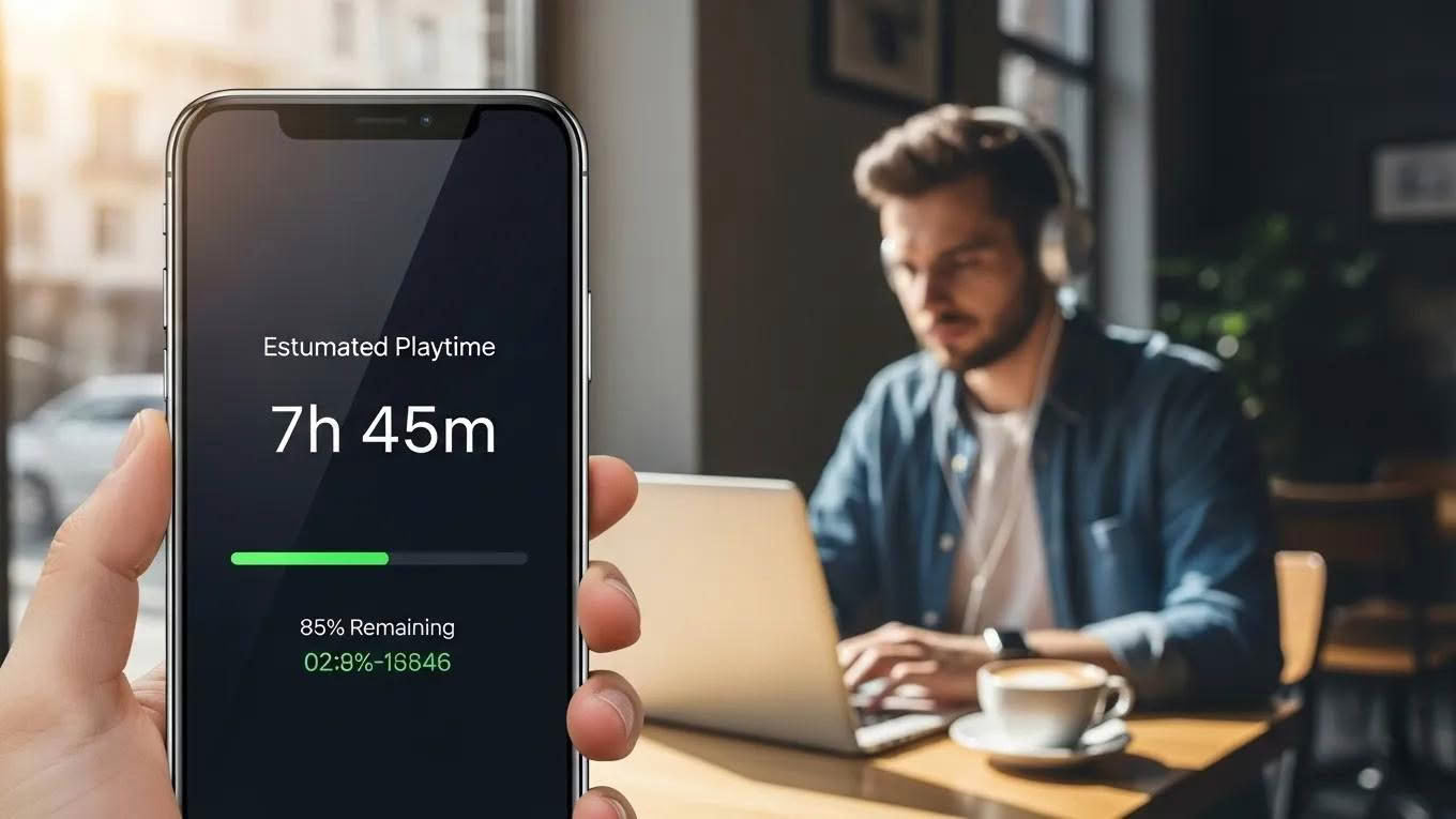 Smartphone showing battery life in cafe setting