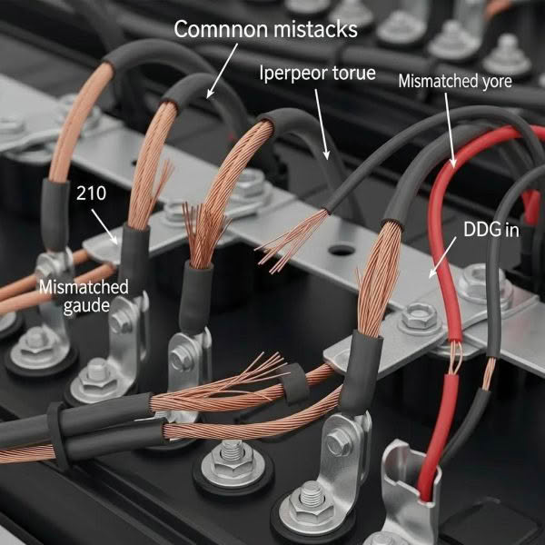 Close-up of wiring mistakes in LTO battery bank installation, emphasizing safety risks