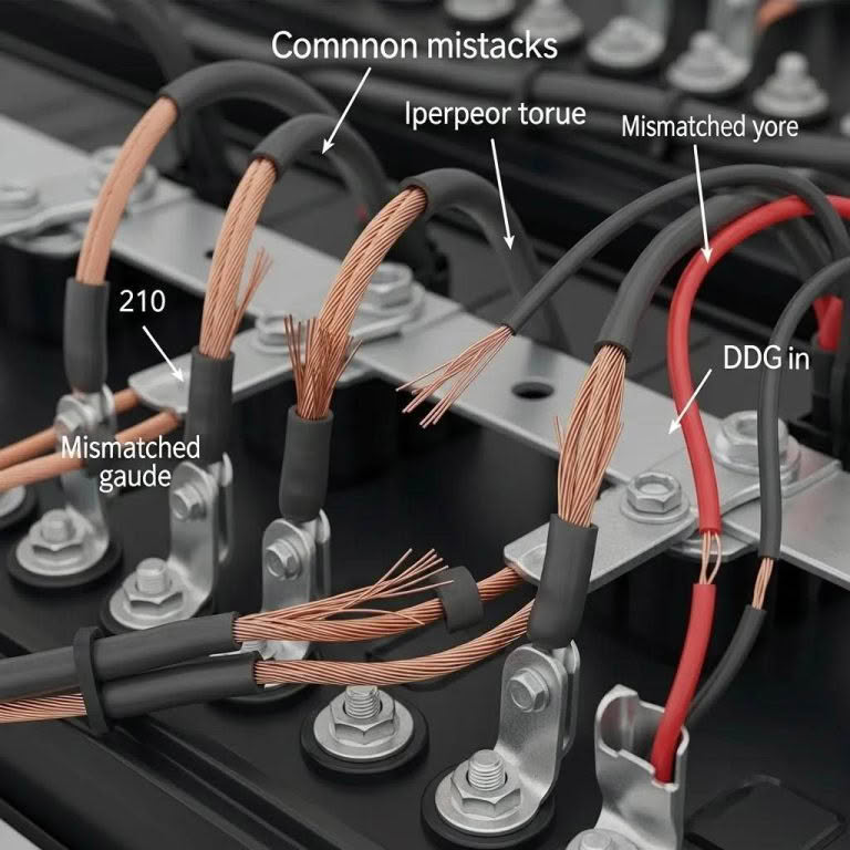 Exposed copper wires with labeled wiring mistakes