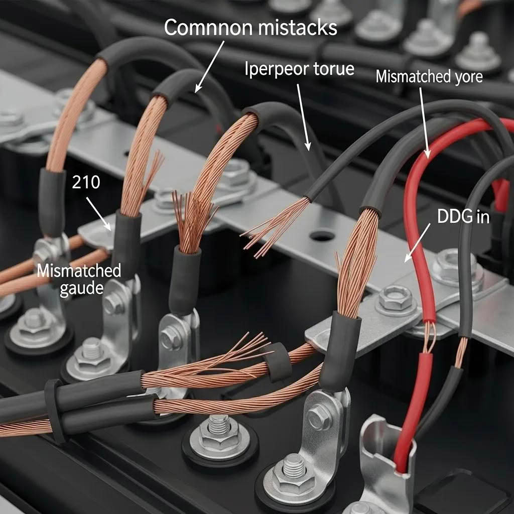 Close-up of wiring mistakes in LTO battery bank installation, emphasizing safety risks