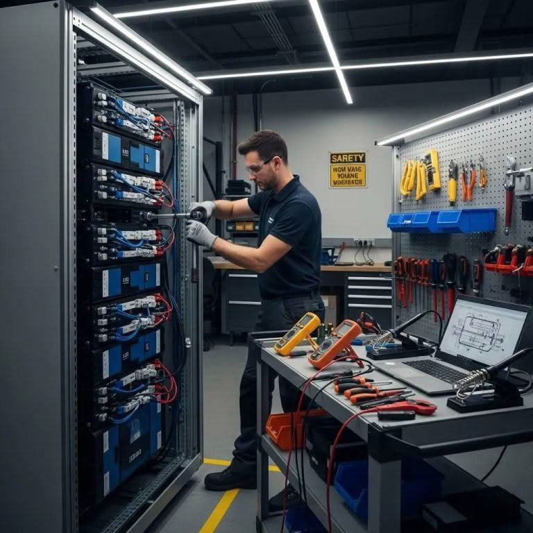 Technician installing LTO battery banks in a workshop, showcasing safety and professionalism