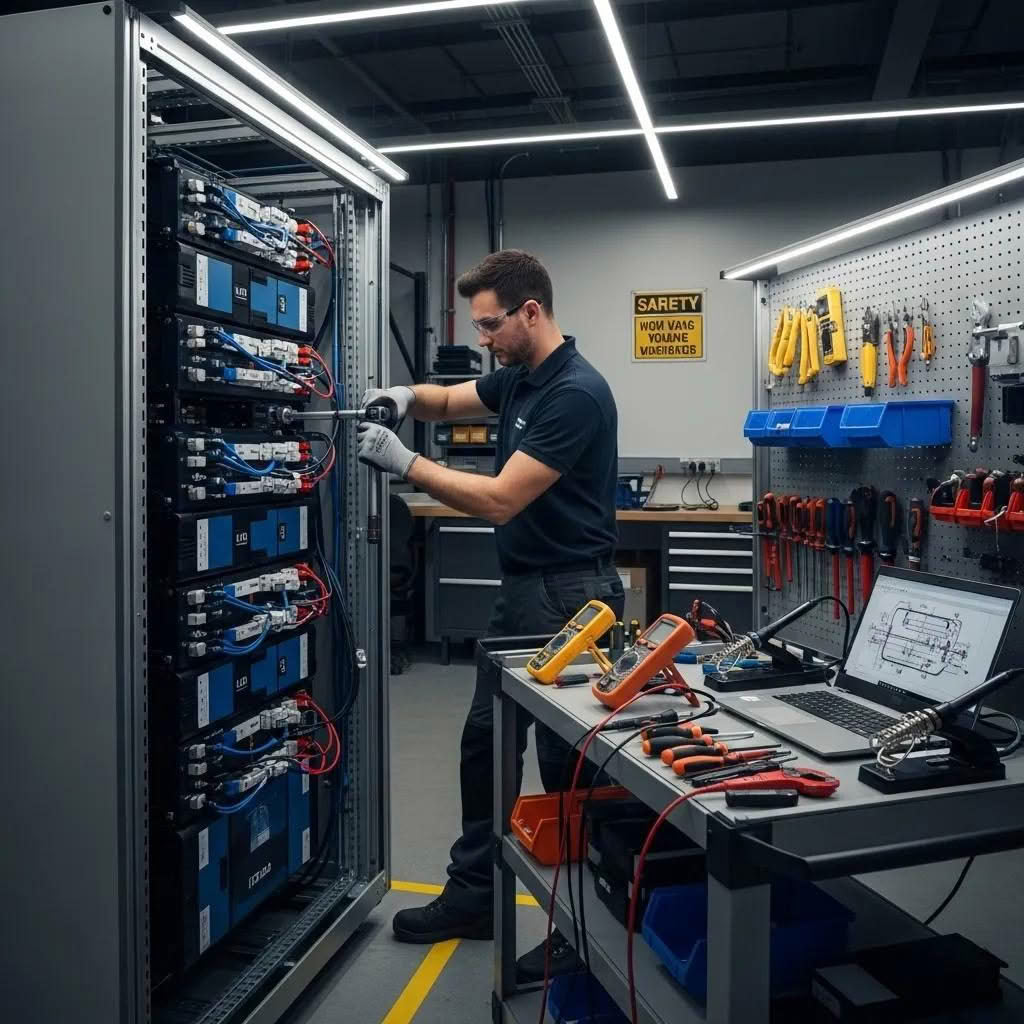 Technician installing LTO battery banks in a workshop, showcasing safety and professionalism