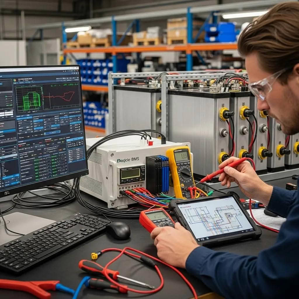 Technician troubleshooting BMS setup errors in LTO battery banks, focusing on configuration and connections