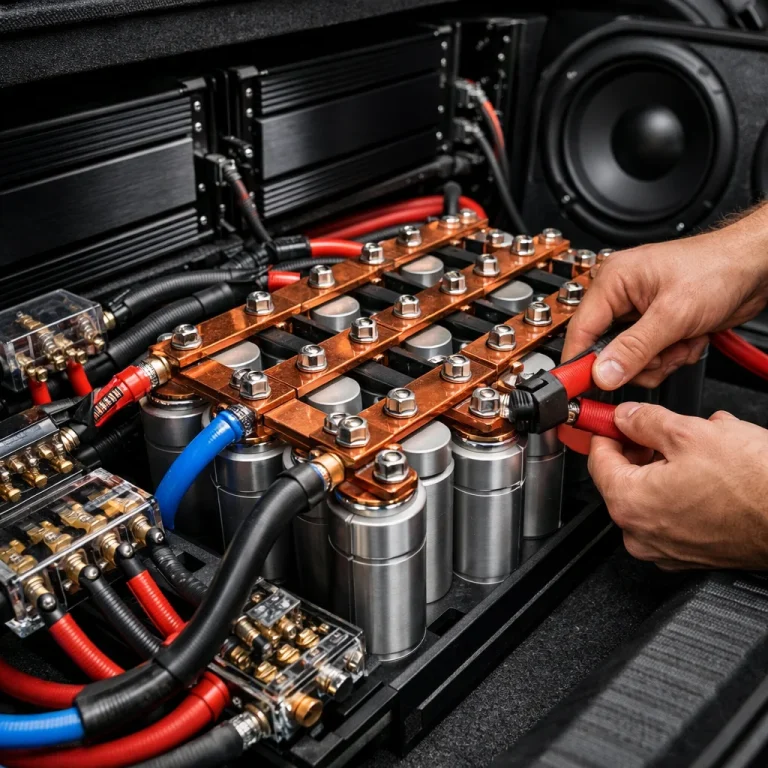 Car audio capacitor bank and amplifier installation