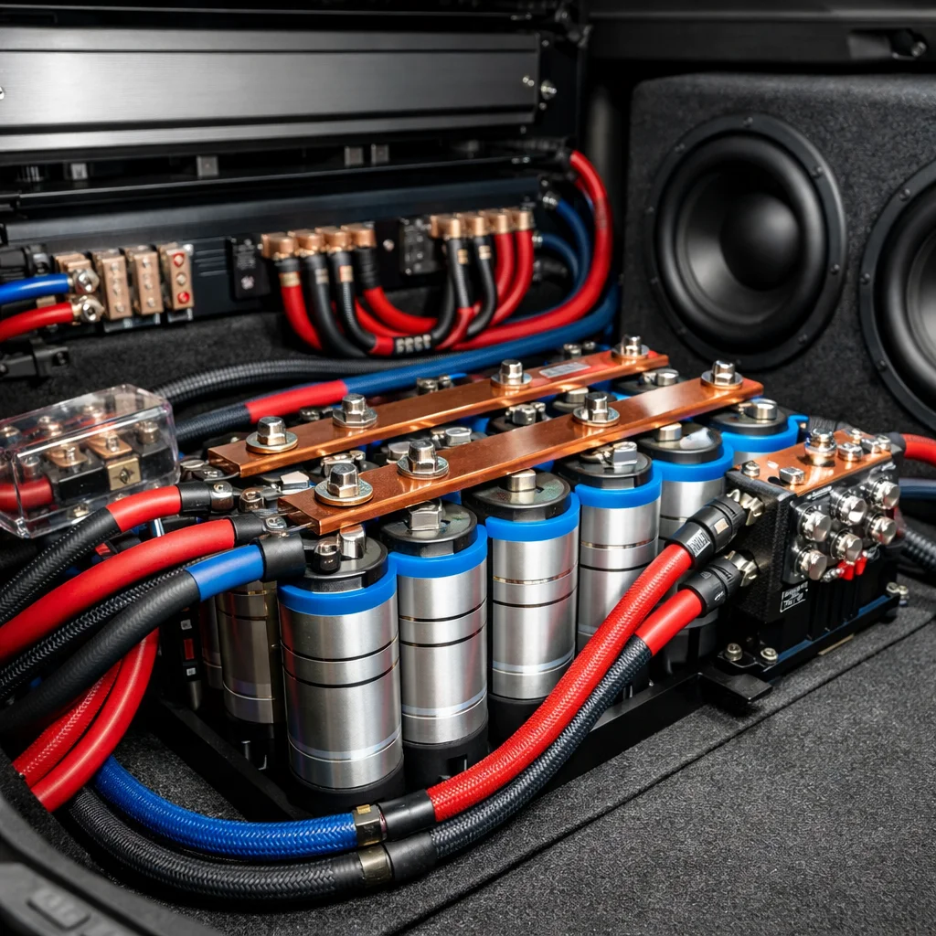 High-performance car audio capacitors and wiring setup