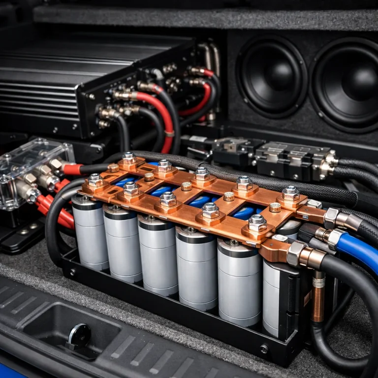 High-performance car audio capacitor bank and amplifiers