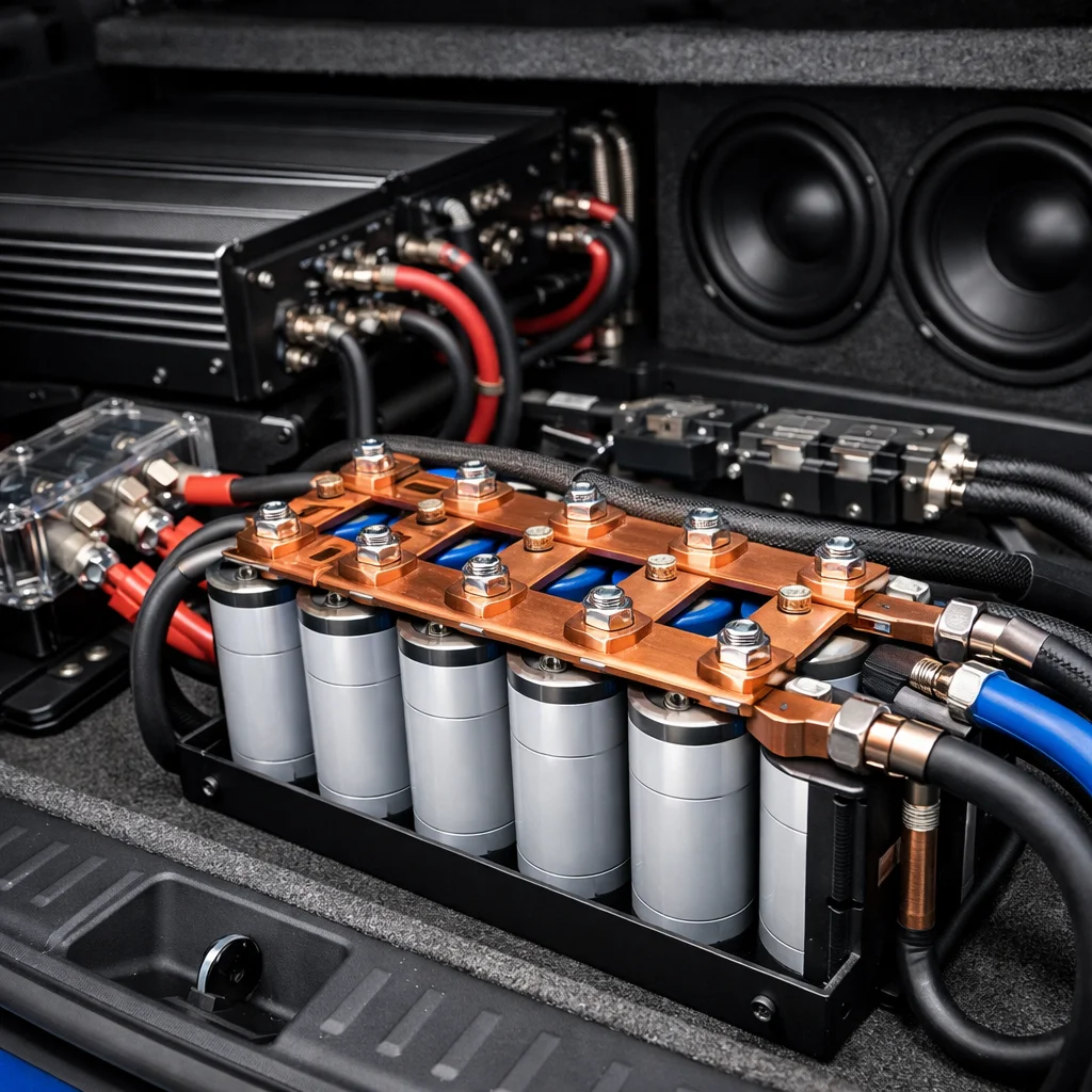 High-performance car audio capacitor bank and amplifiers