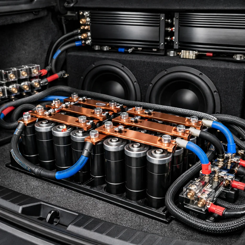 Custom car audio system with capacitors and subwoofers