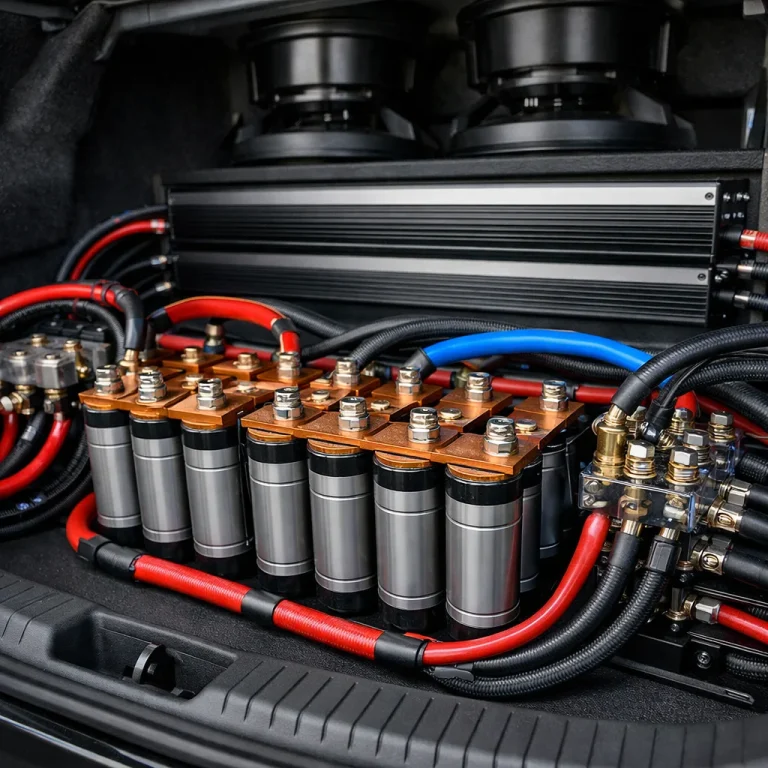 Car audio capacitor bank with heavy wiring