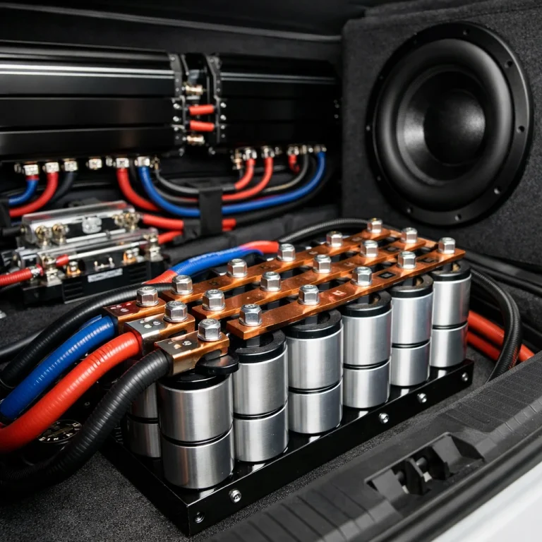 High-performance car audio system with capacitors and subwoofer