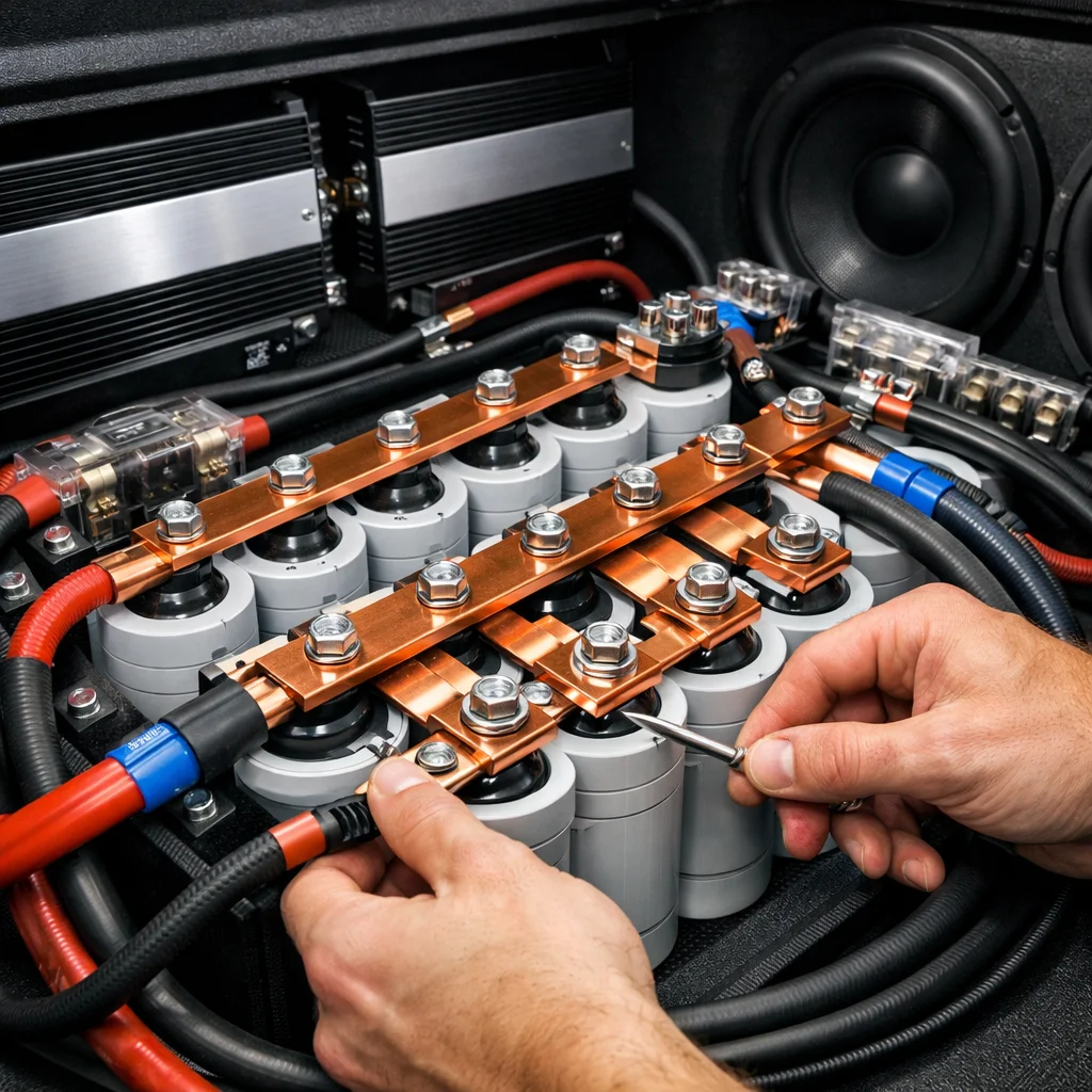 Installing copper busbars on car audio battery bank