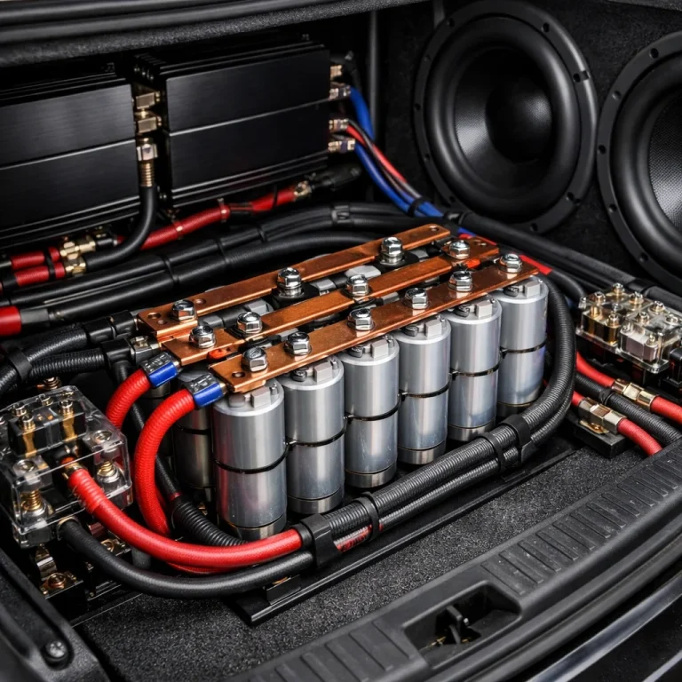High-performance car audio capacitor bank and subwoofer