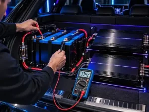 Technician tests electric vehicle battery modules with multimeter