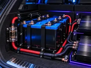 Custom blue battery bank installed in a car trunk