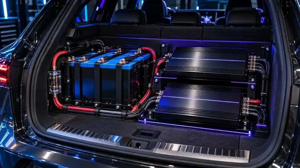 Car trunk fitted with batteries and audio amplifiers