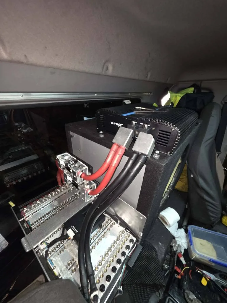 45Ah SCiB battery bank and high-current cabling inside the garbage truck