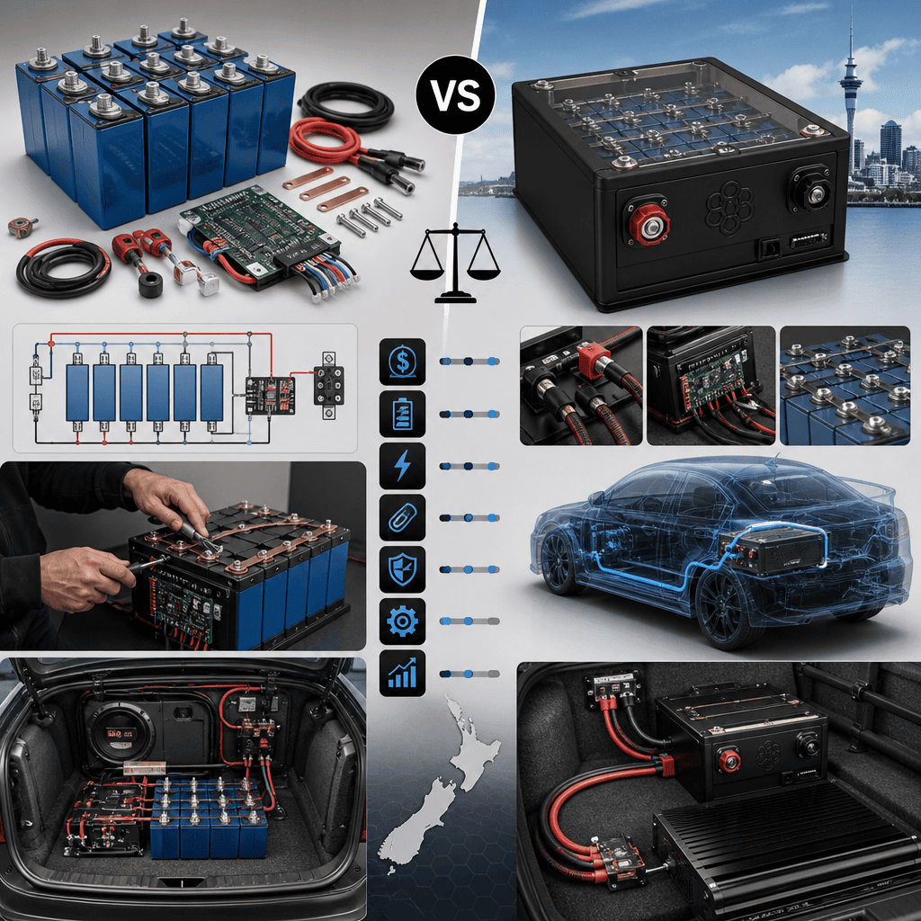 DIY vs pre-built car audio lithium battery comparison illustration.