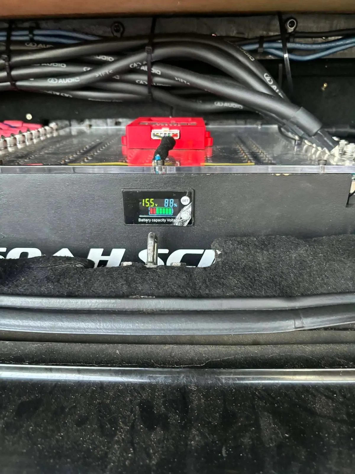Close-up of Joseph's 60Ah SCiB LTO bank with active balancing and voltage display